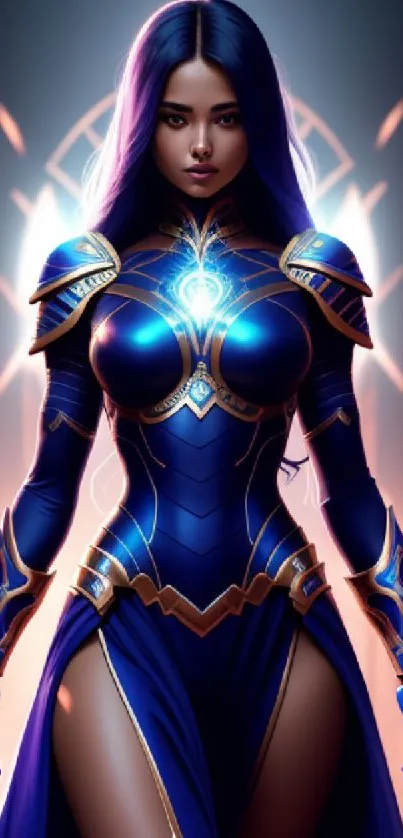 Mystical warrior with blue armor in enchanting mobile wallpaper design.