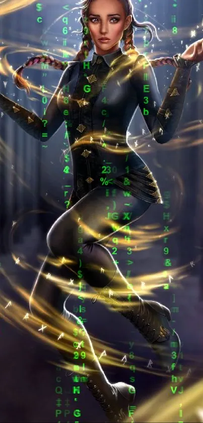 Fantasy warrior with golden runes in a mystical forest setting.