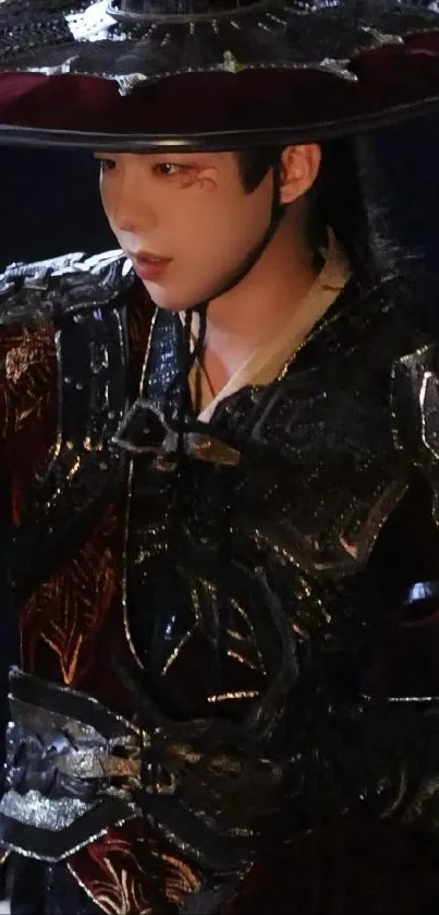 Mysterious warrior in dark red armor with a shadowy hat.