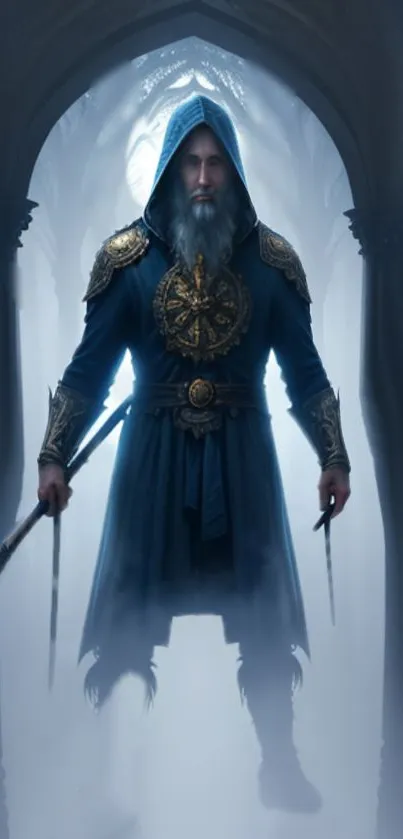 Medieval warrior in blue cloak standing in a foggy, mystical archway.