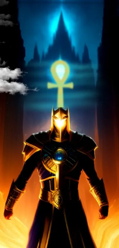 Mystical warrior with glowing symbol and blue aura in fantasy setting.