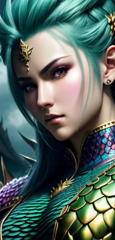 A mystical warrior with teal armor and vibrant hair in a fantasy setting.