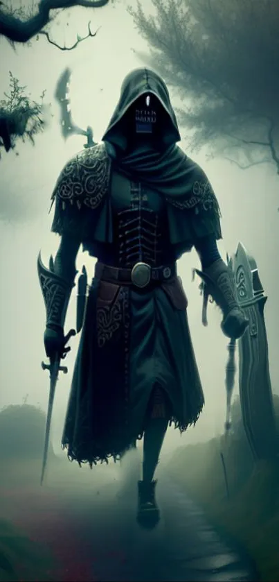Mystical warrior in a dark, foggy forest setting.