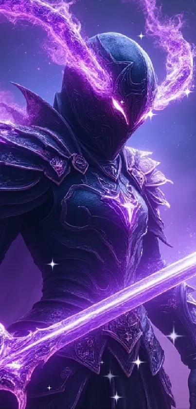 A mystical warrior with glowing purple armor and sword, set in a dark background.