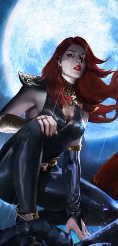 Red-haired warrior in moonlit fantasy art.