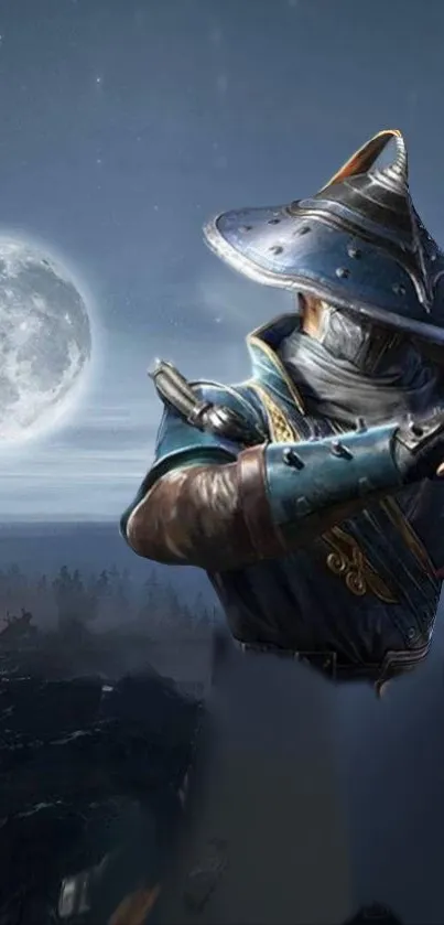 Mystical warrior in armor under a moonlit sky wallpaper.