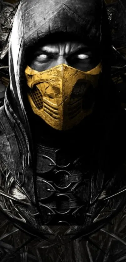 Mystical wearing a yellow mask with a dark background wallpaper.