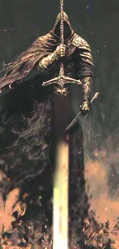 Mystical warrior with flaming sword on dark background.