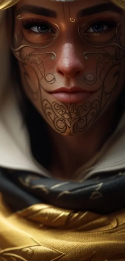 Mystical warrior with intricate facial patterns.