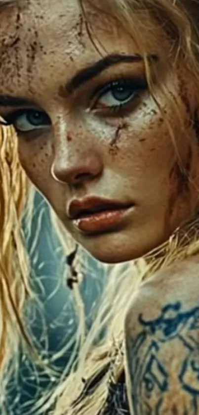 Mystical warrior portrait with tattoos and a fierce gaze.