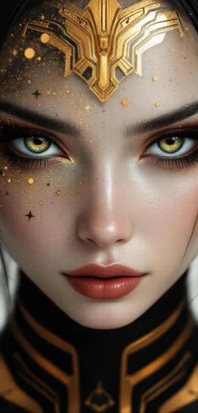 Mystical warrior portrait with golden elements.