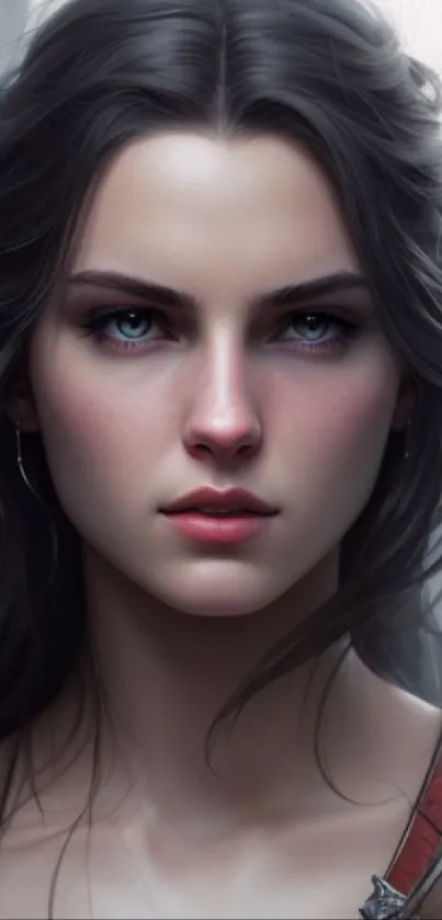 Mystical female warrior with dark hair and intense expression in fantasy style.