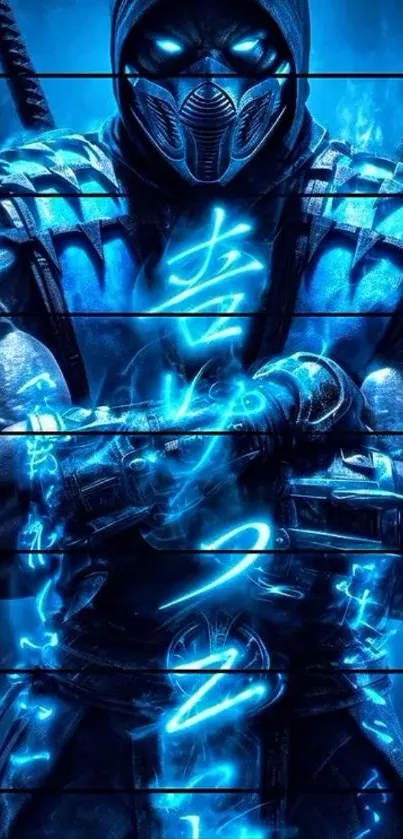 Mystical warrior with blue glowing aura.