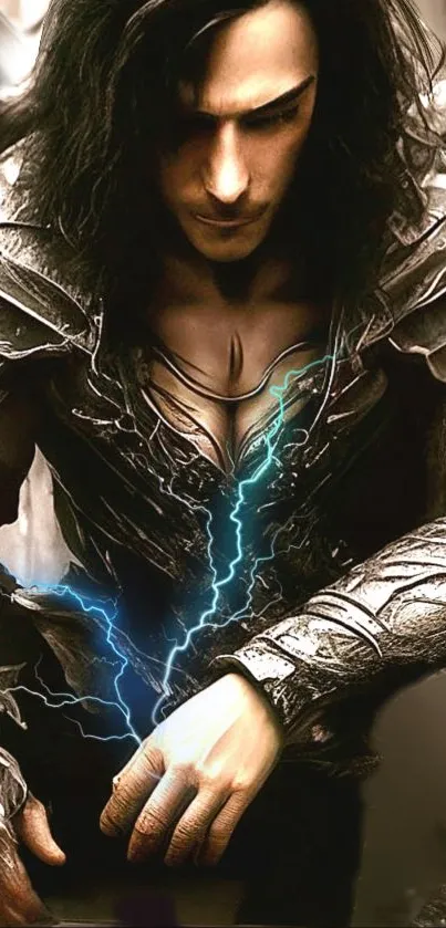 Mystical warrior with lightning powers in detailed armor on a dark background.