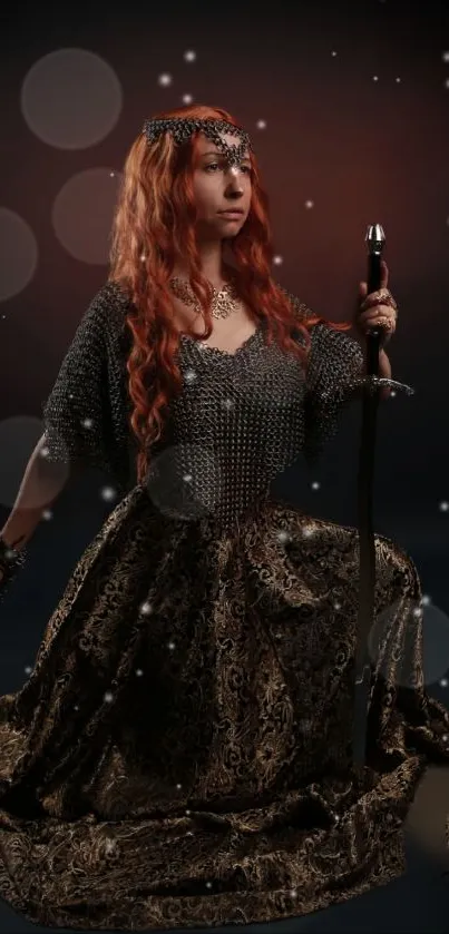 Fantasy warrior princess in elegant medieval attire, holding a sword.