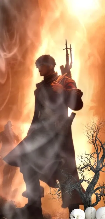 Silhouette of a warrior in a smoky, fiery scene with a barren tree.