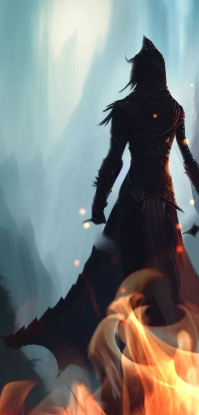 Silhouette of a warrior with fiery elements in a misty fantasy landscape.