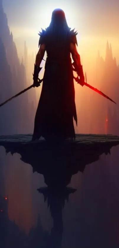 Silhouette of a warrior on a cliff with a mystical sunset backdrop.