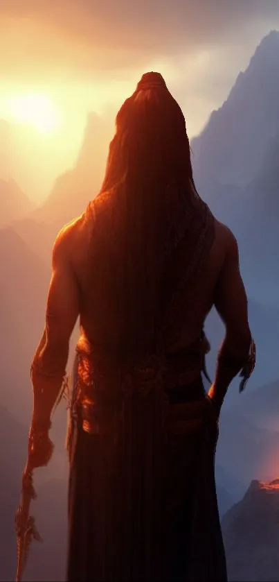 Warrior silhouetted against a sunset with mystical mountains.