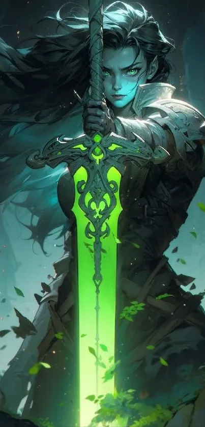 Fantasy warrior holds a glowing neon green sword in a mystical forest.