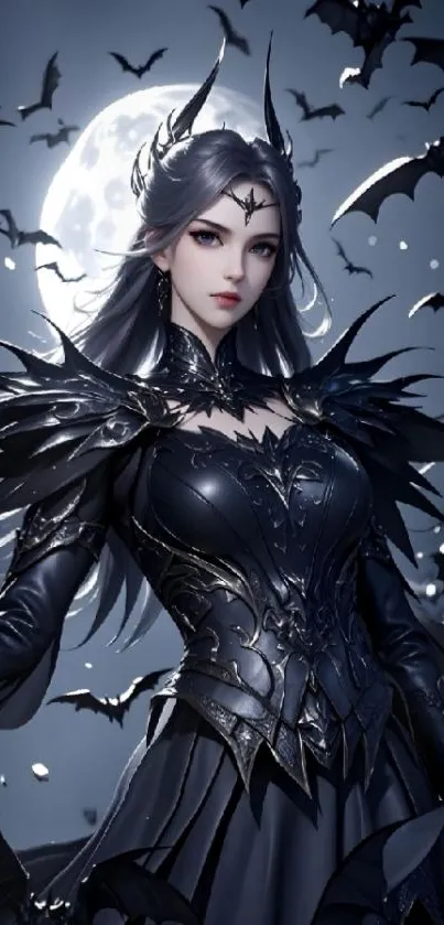 Gothic character with bats under moonlight in fantasy setting.