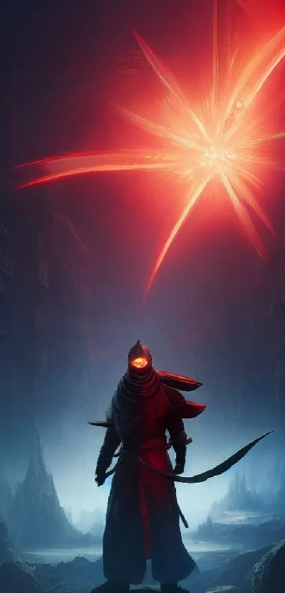 Cloaked warrior beneath a red star in a mystical landscape.