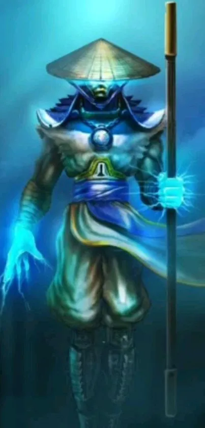 Mystical warrior with staff in teal aura.