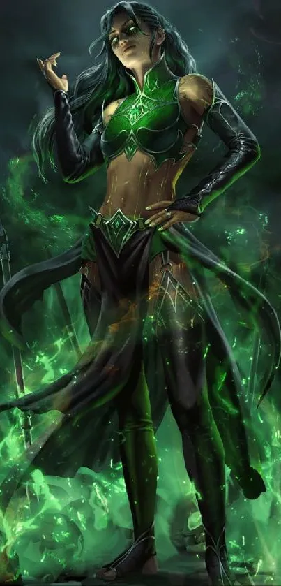 Mystical warrior with green aura and dark background on a mobile wallpaper.