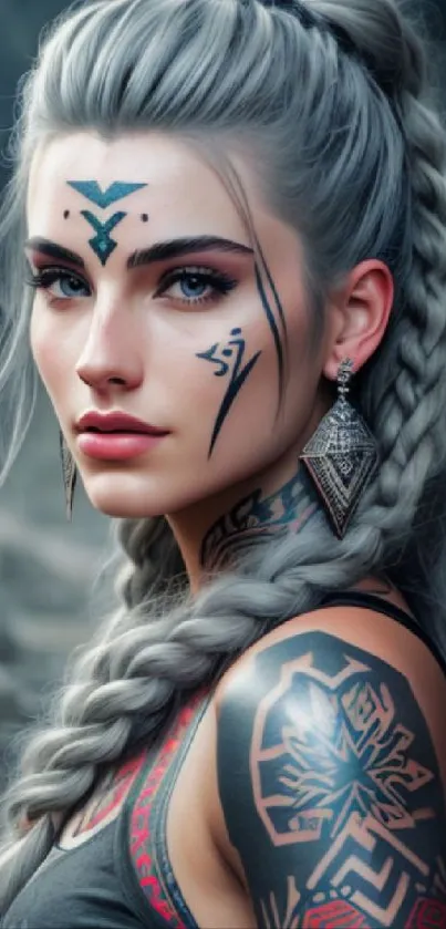 Mystical warrior with tattoos and braided hair in a fantasy setting.