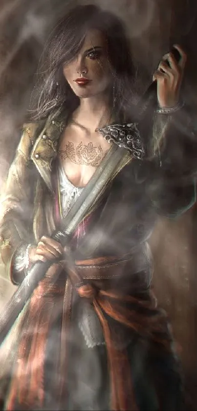 Warrior woman holding a sword in a mystical setting.