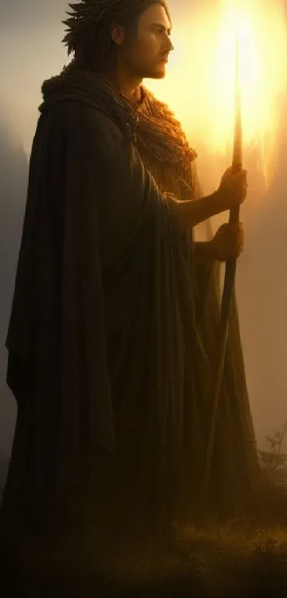 Mystical warrior holding a glowing staff in a serene, fantasy landscape.