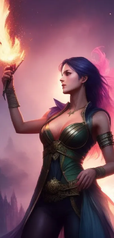 Fantasy warrior holding a magical flame with a mystical backdrop.