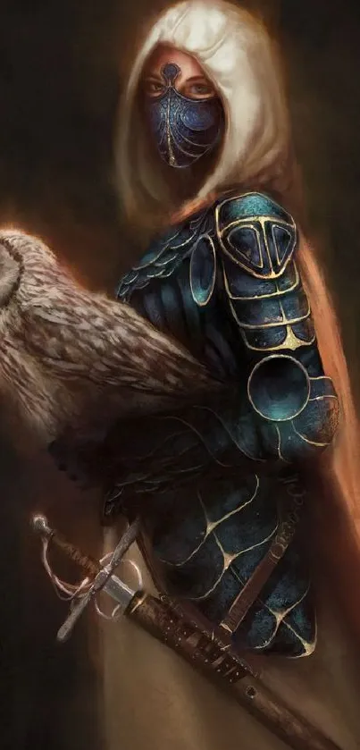 Hooded warrior with owl in fantasy art style wallpaper.