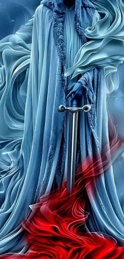 Cloaked warrior holding sword with flowing blue and red design.