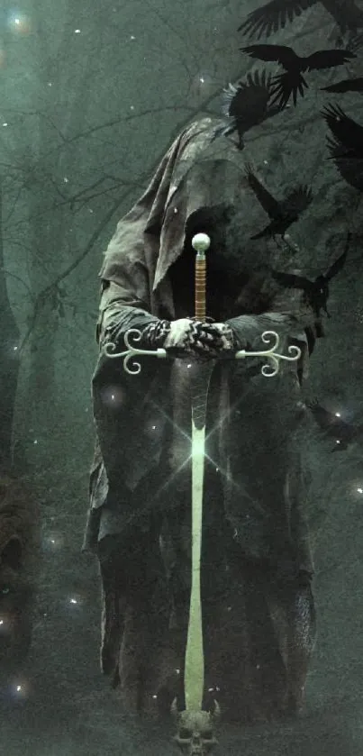 Mystical warrior holding a sword in a dark, enchanted forest.