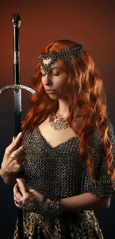 Red-haired warrior woman holding a sword in medieval armor.