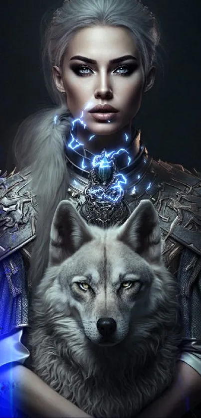 A mystical warrior with intricate armor and a wolf, in a fantasy setting.