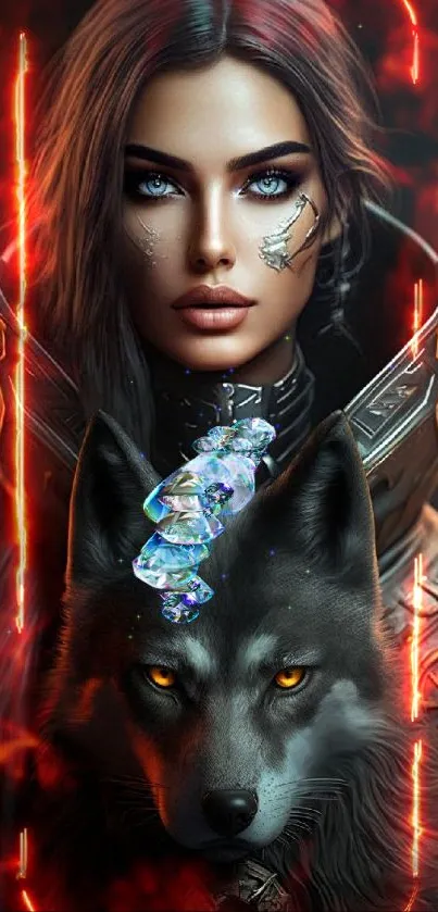 Mystical warrior with wolf in dark, detailed fantasy setting.