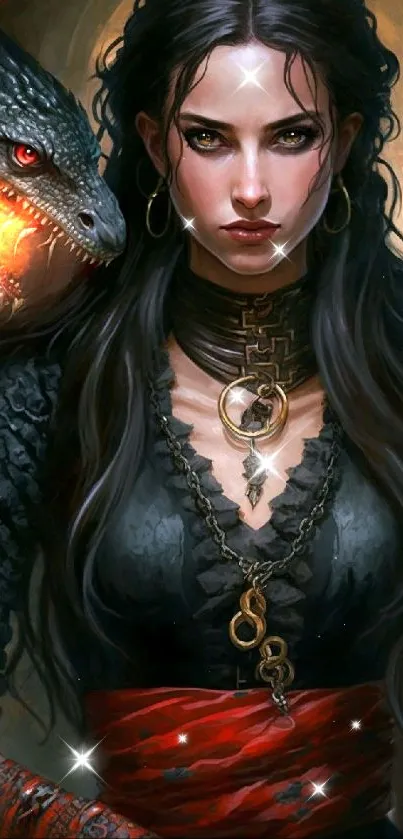 Fantasy art of a warrior woman with a serpent, in dark tones.