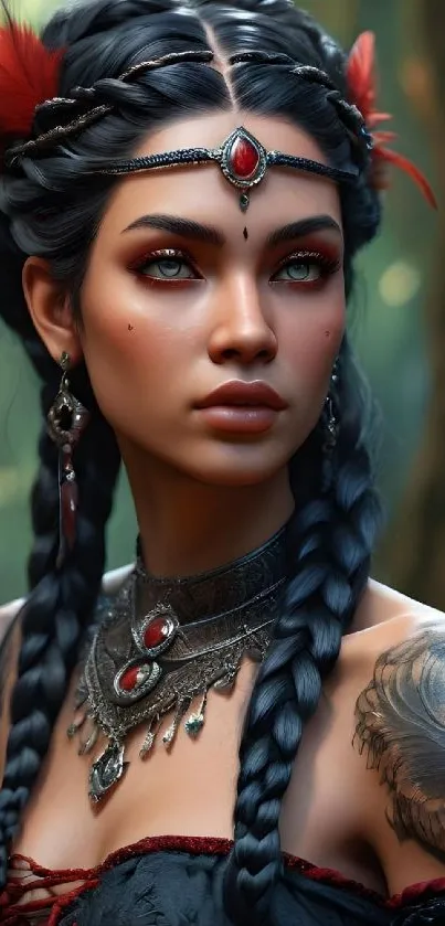 Mystical warrior woman with braids and jewelry in a forest setting.