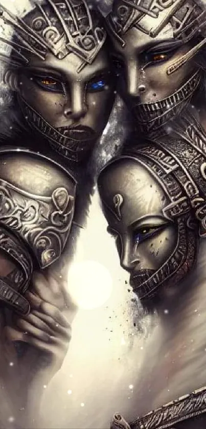 Mystical warriors with intricate armor in surreal art style mobile wallpaper.