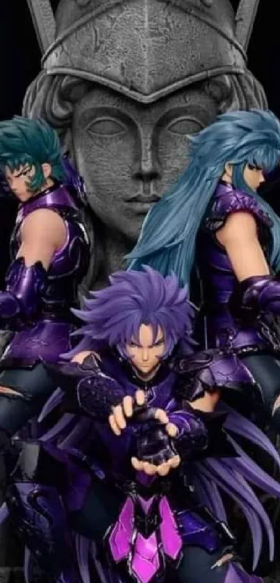 Mystical warriors in purple armor against a stone statue backdrop.