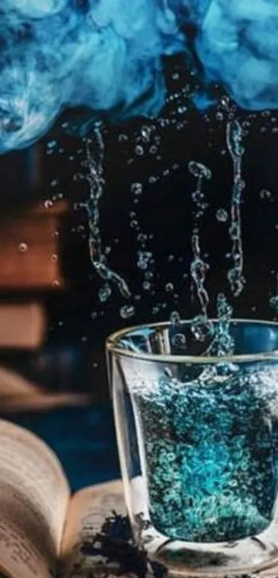 Mystical water art with blue smoke and splashes on a book.