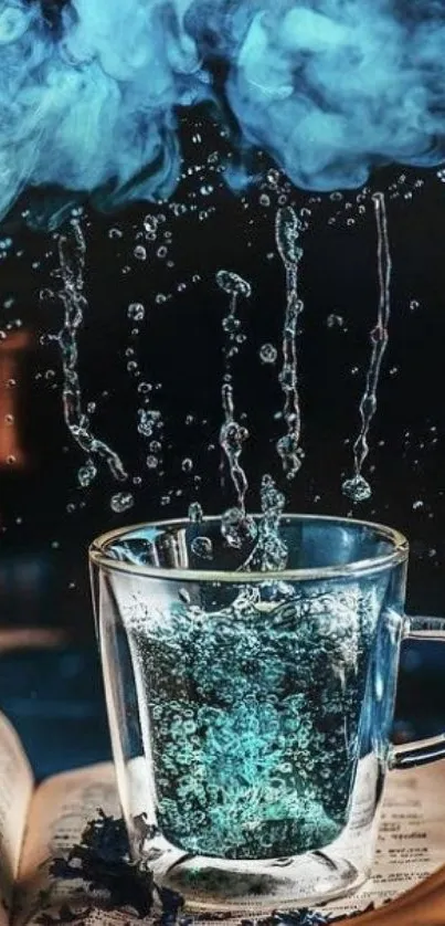 Mystical water glass on open book with steam and droplets.