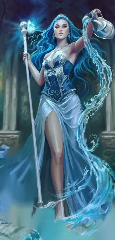 Mystical sorceress with blue water magic in a fantasy setting, elegant and enchanting.