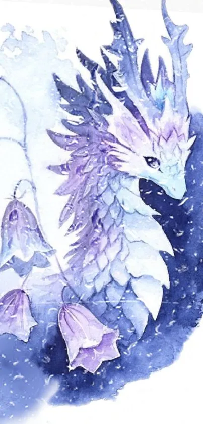 Watercolor painting of a mystical blue dragon with purple accents.