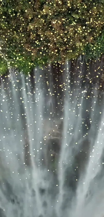 Aerial view of a cascading waterfall with lush greenery.