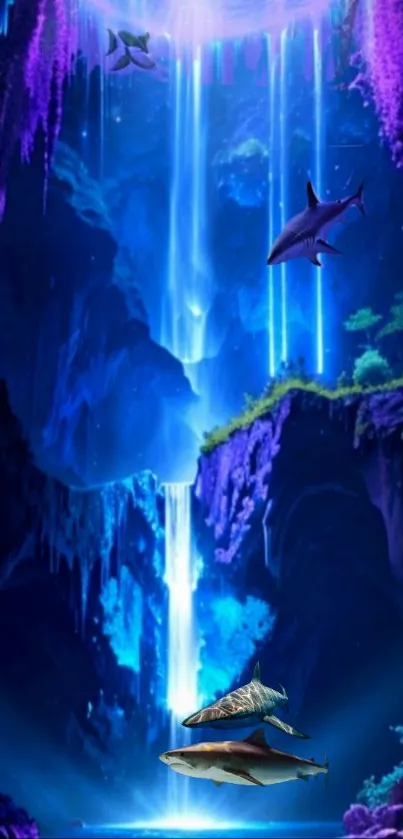 Mystical wallpaper with glowing waterfall and sharks swimming in a cave setting.