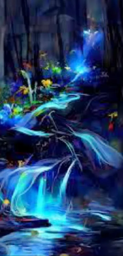 Mystical blue waterfall in enchanted forest.