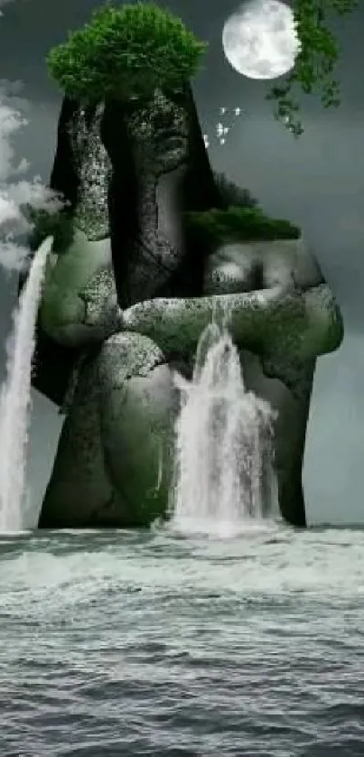 Mystical scene of waterfall from a moonlit rock with foliage.